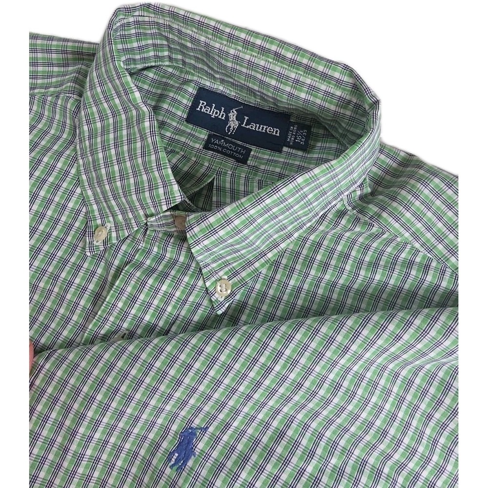 VTG Ralph Lauren Shirt Mens‎ 16.5, 34/35 GREEN BLUE White Plaid Yarmouth Cotton